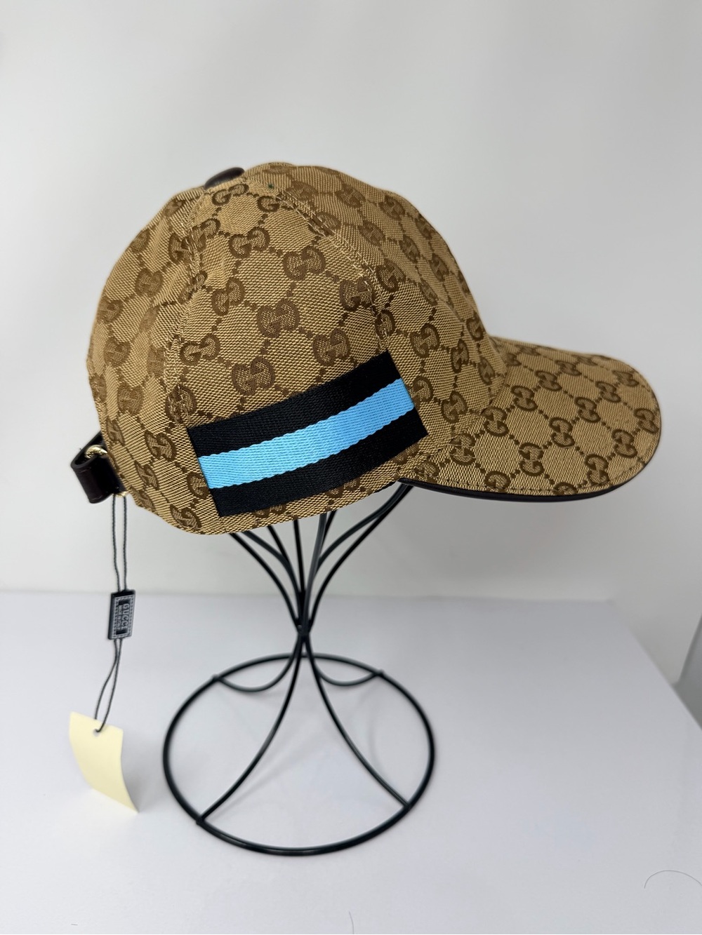 Gucci Brown GG Monogram Baseball Cap with Blue Stripe